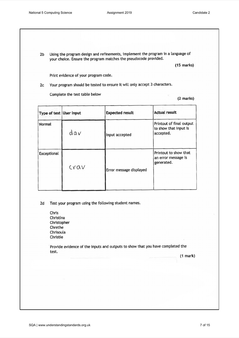 Understanding Standards screenshot showing a completed candidate test table